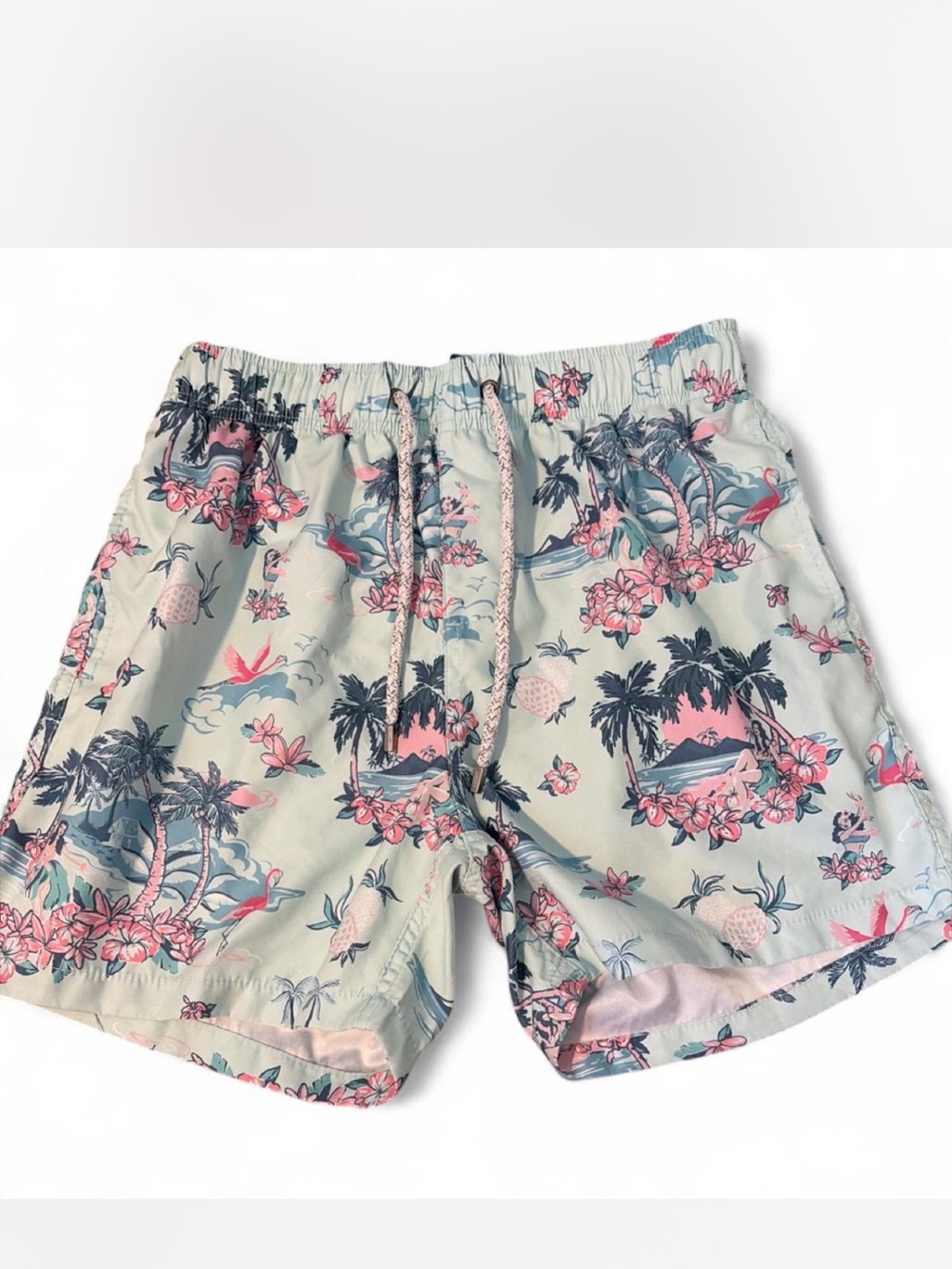 surf style Tropical Print Swim Shorts - Pink & Light Green
